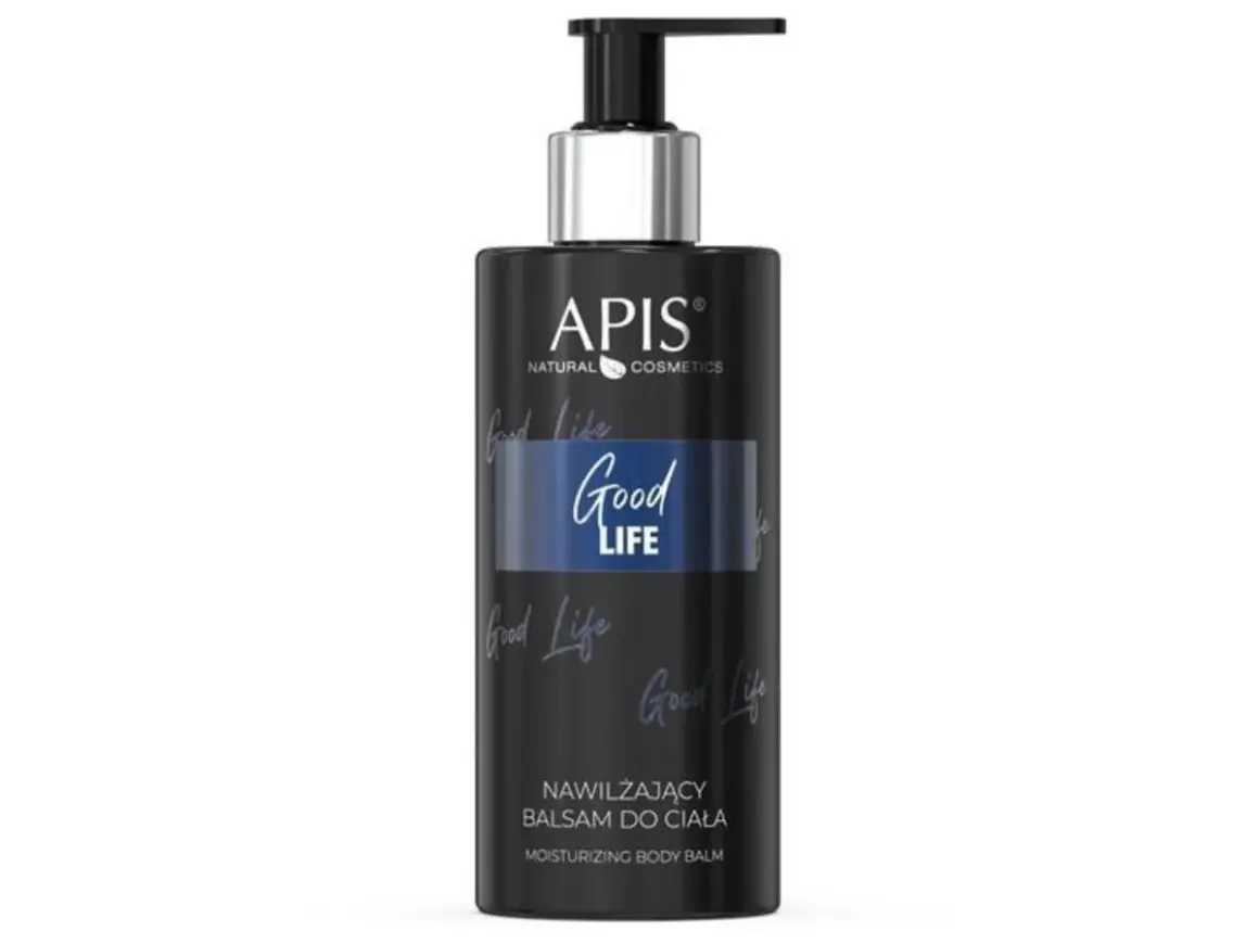 Czarny balsam do ciała APIS z pompką i napisem "Good Life".