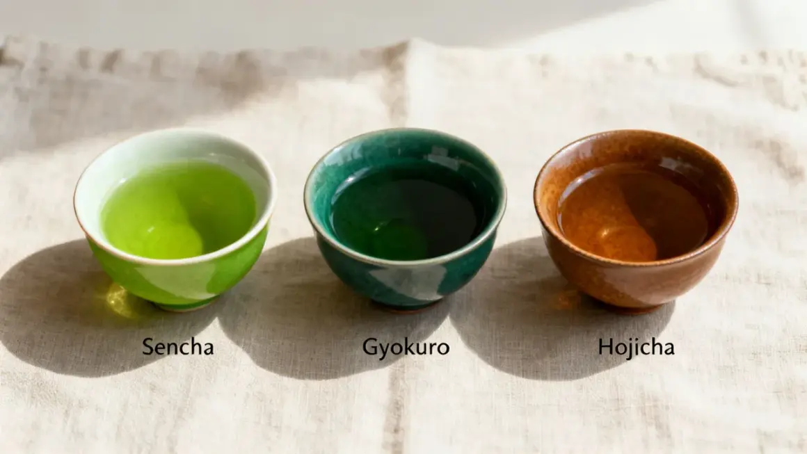 Tre skålar med te: ljusgrönt Sencha, mörkgrönt Gyokuro och brunt Hojicha. Olika te smaker att upptäcka.