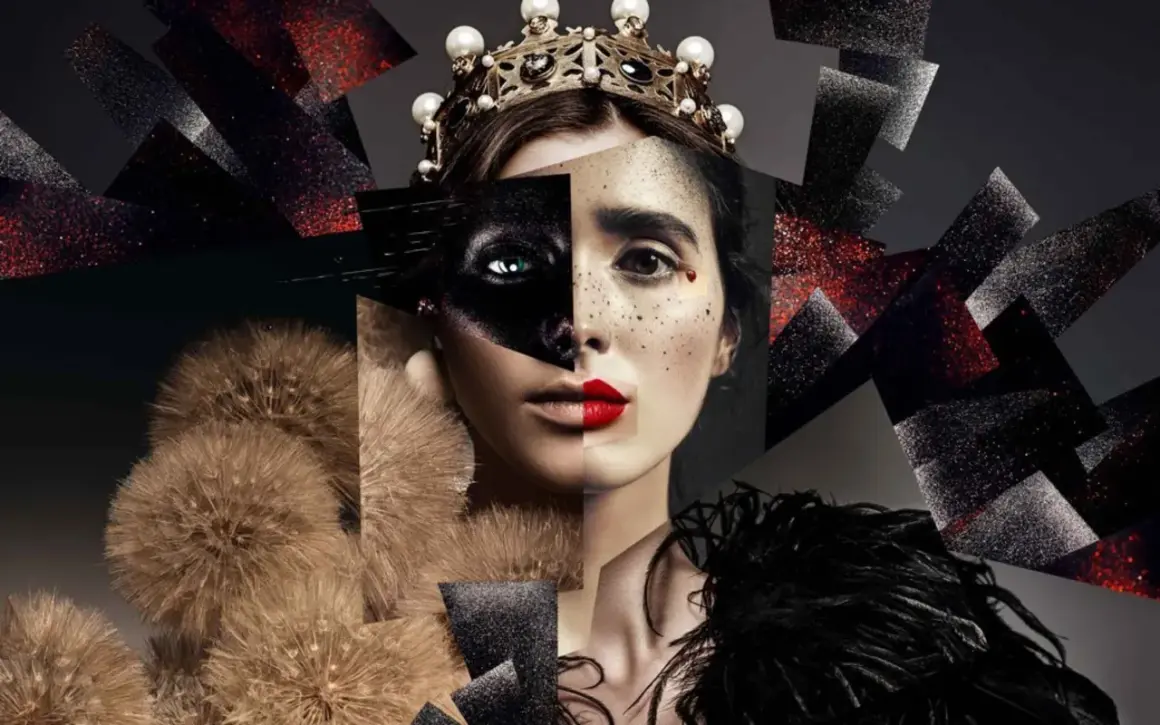 A queen's face, split and reimagined, shows how to make a good collage with dandelions, feathers, and glittery shards.