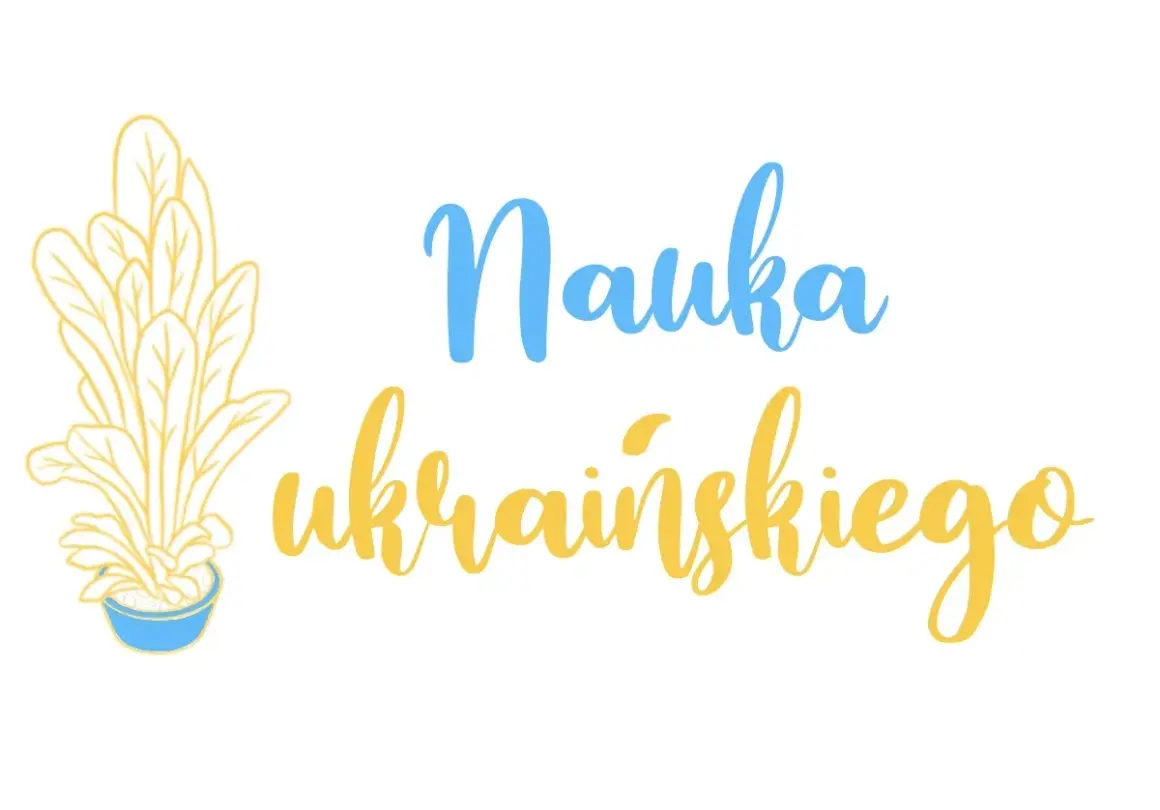 Roślina w doniczce obok napisu "Nauka ukraińskiego" - nauka ukraińskiego online.
