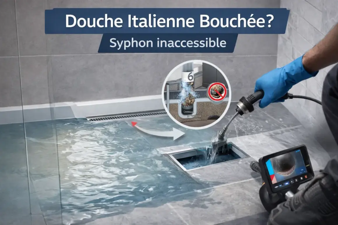Main bouchée ? Un professionnel utilise une caméra pour déboucher une douche italienne au siphon inaccessible.