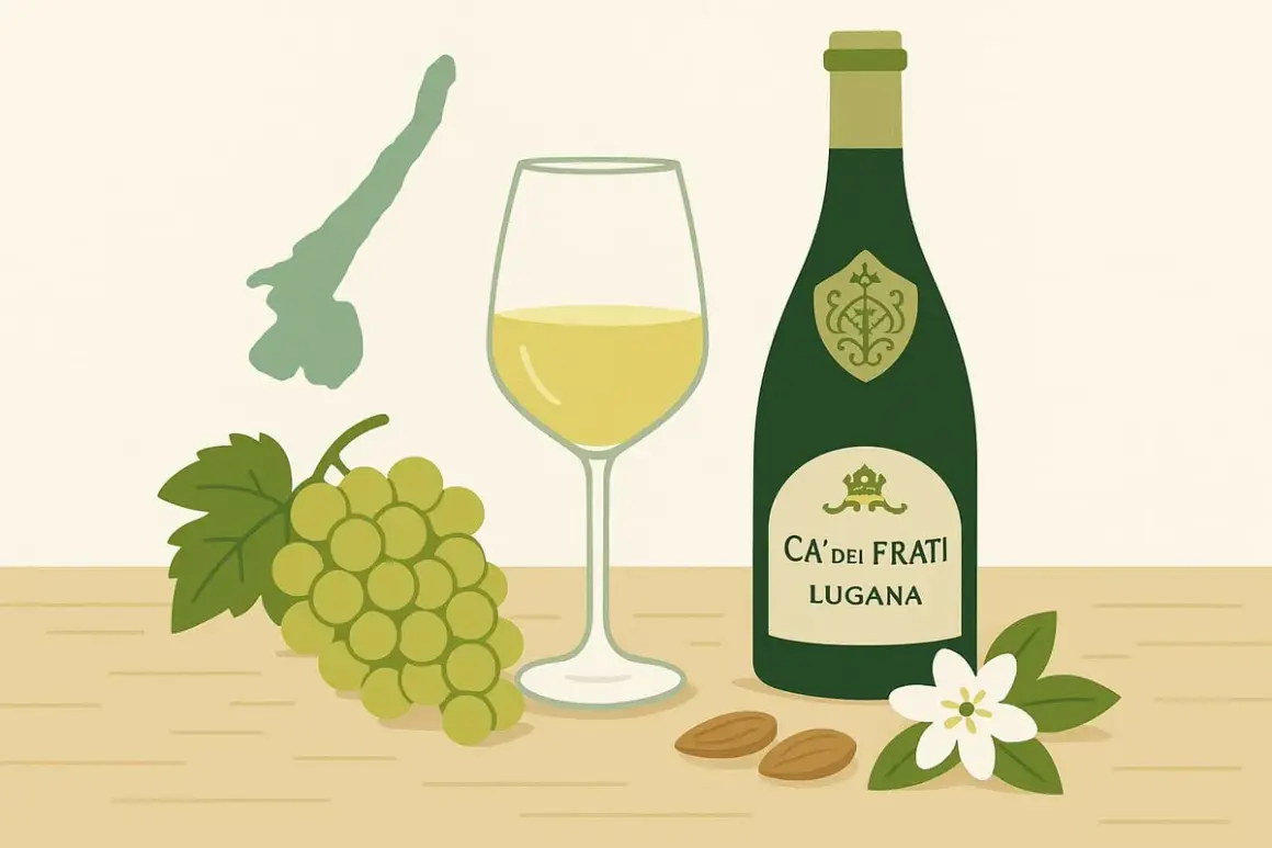 Un bicchiere di vino bianco, un grappolo d'uva e una bottiglia di Ca' dei Frati Lugana, con mandorle e un fiore.