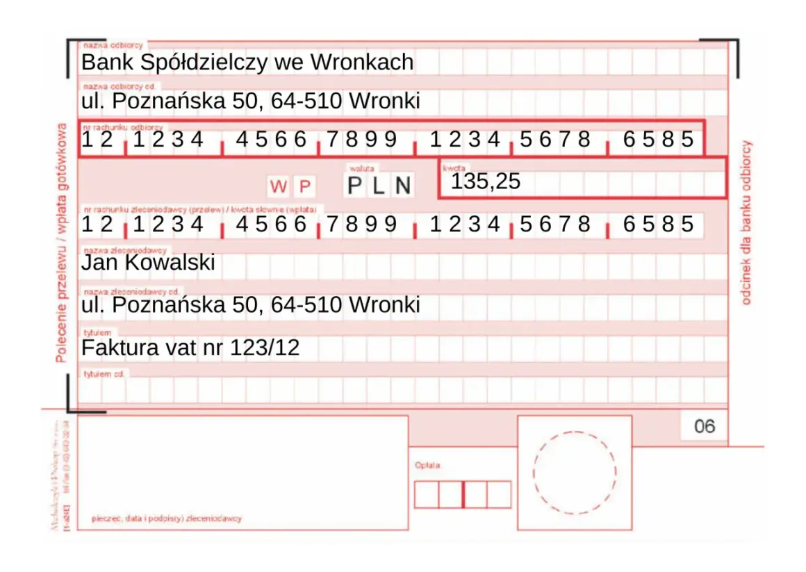 Jan Kowalski podaje swój adres rozliczeniowy: ul. Poznańska 50, 64-510 Wronki, opłacając fakturę vat nr 123/12.