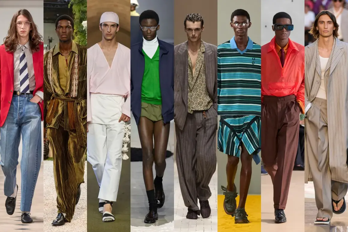 Modelos masculinos lucen atuendos de **looks primavera**: trajes de lino, pantalones anchos y chaquetas vibrantes.