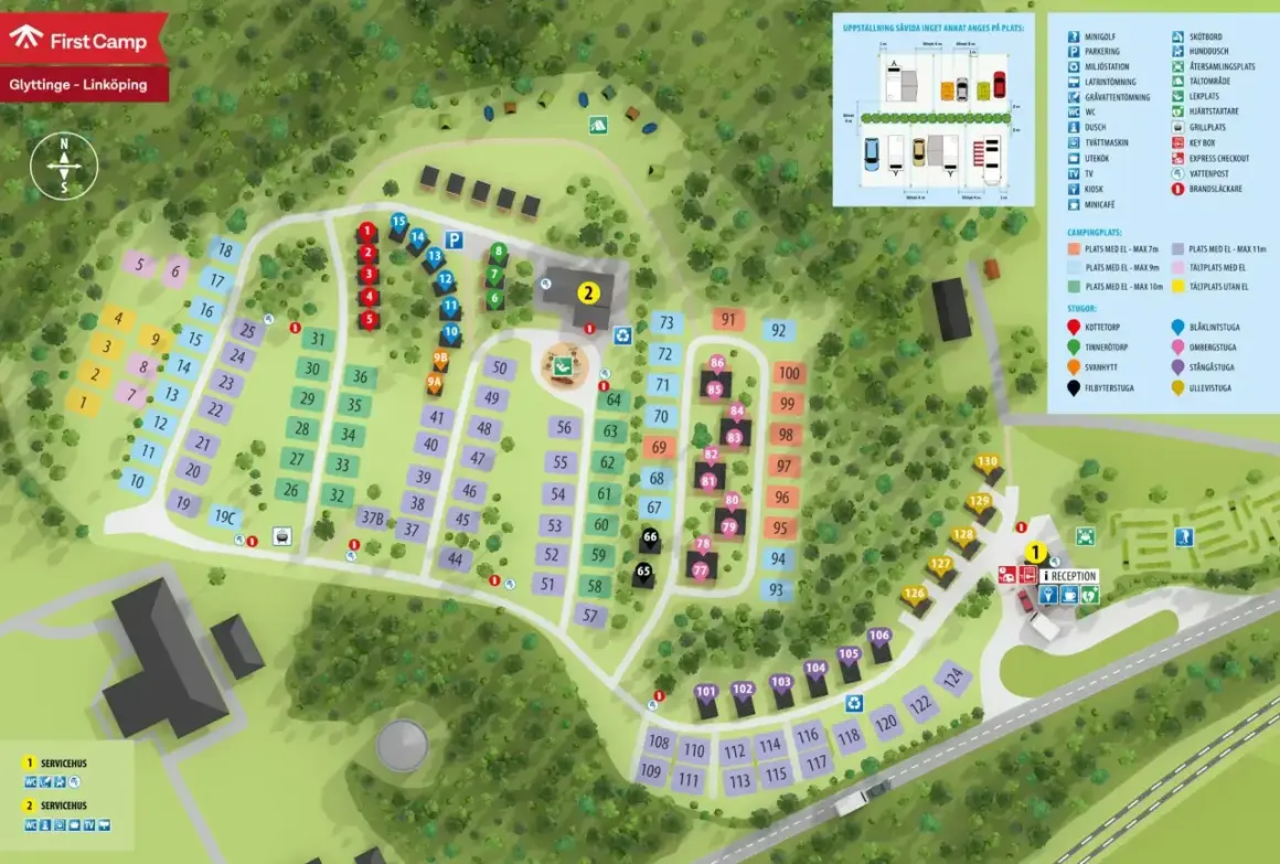 Karta över First Camp Glyttinge - Linköping. Visar campingplatser, stugor, servicehus och reception.