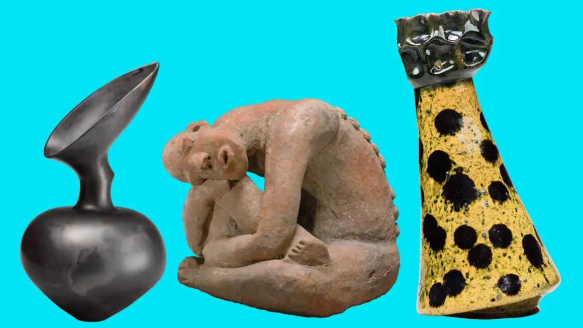 Three famous ceramic pieces: a dark, sculptural vase; a terracotta figure of a person embracing another; and a yellow vase with black polka dots.