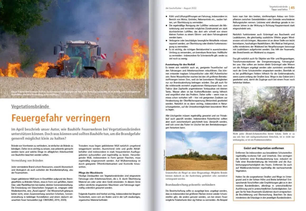 Traktor brennt auf einem Feld. Was ist Feuer? Es ist eine Gefahr, die man durch richtige Wartung und Prävention verringern kann.
