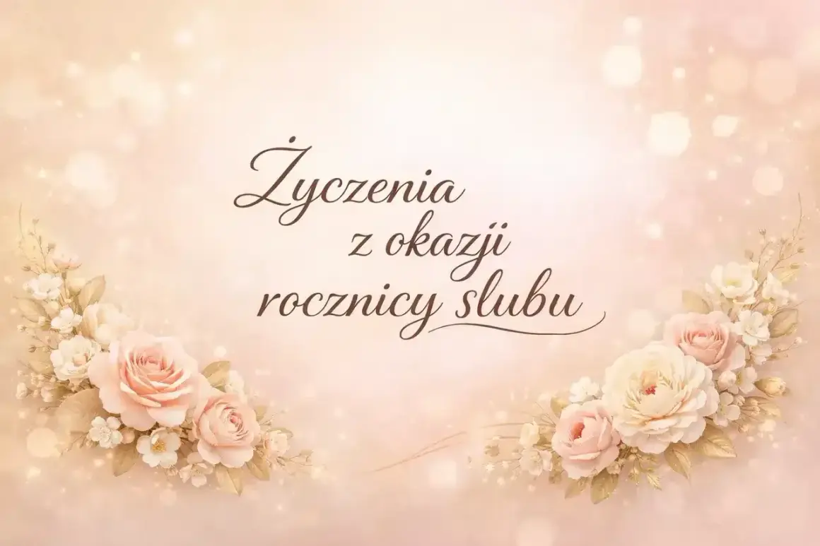 Delikatne róże i napisy "Życzenia z okazji rocznicy ślubu" na pastelowym tle. Idealne krótkie życzenia na rocznicę ślubu.