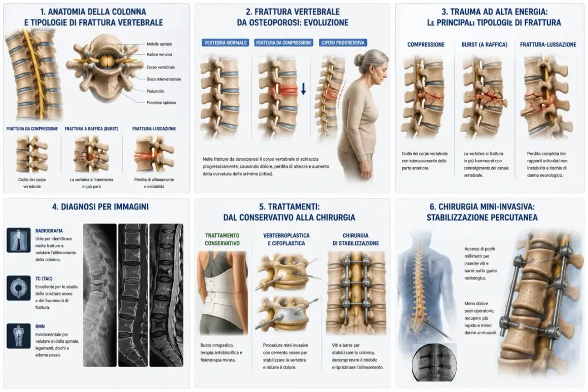 Illustrazione mostra diversi tipi di fratture vertebrali, dall'osteoporosi al trauma, con diagnosi e trattamenti, inclusa la chirurgia mini-invasiva per stabilizzare le fratture.