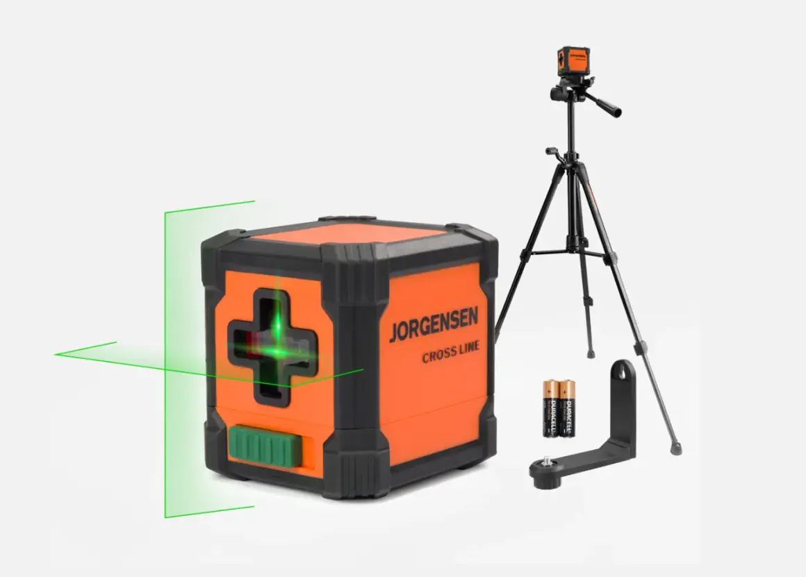 Niveau laser JORGENSEN avec croix verte projetée. Inclut trépied, piles et support. Un outil précis pour tout bricoleur.