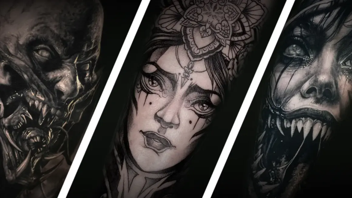 Drei detaillierte Blackwork Tattoos am Bein: ein gruseliges Monstergesicht, eine Frau mit Blumenkranz und ein weiteres furchteinflößendes Wesen.