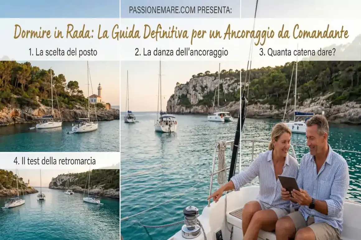 Coppia su barca studia la migliore posizione per l'ancoraggio in una baia con altre barche.