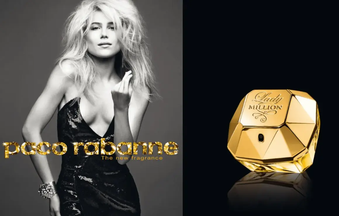 Złoty flakon perfum Lady Million Lucky obok kobiety w błyszczącej sukience.