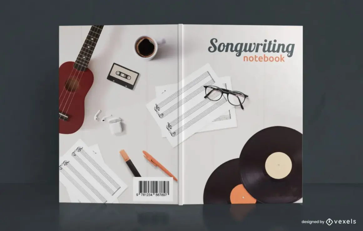 Ideas para cómo hacer una portada de cuaderno de composición musical: ukelele, café, casete, partituras, gafas, vinilos.
