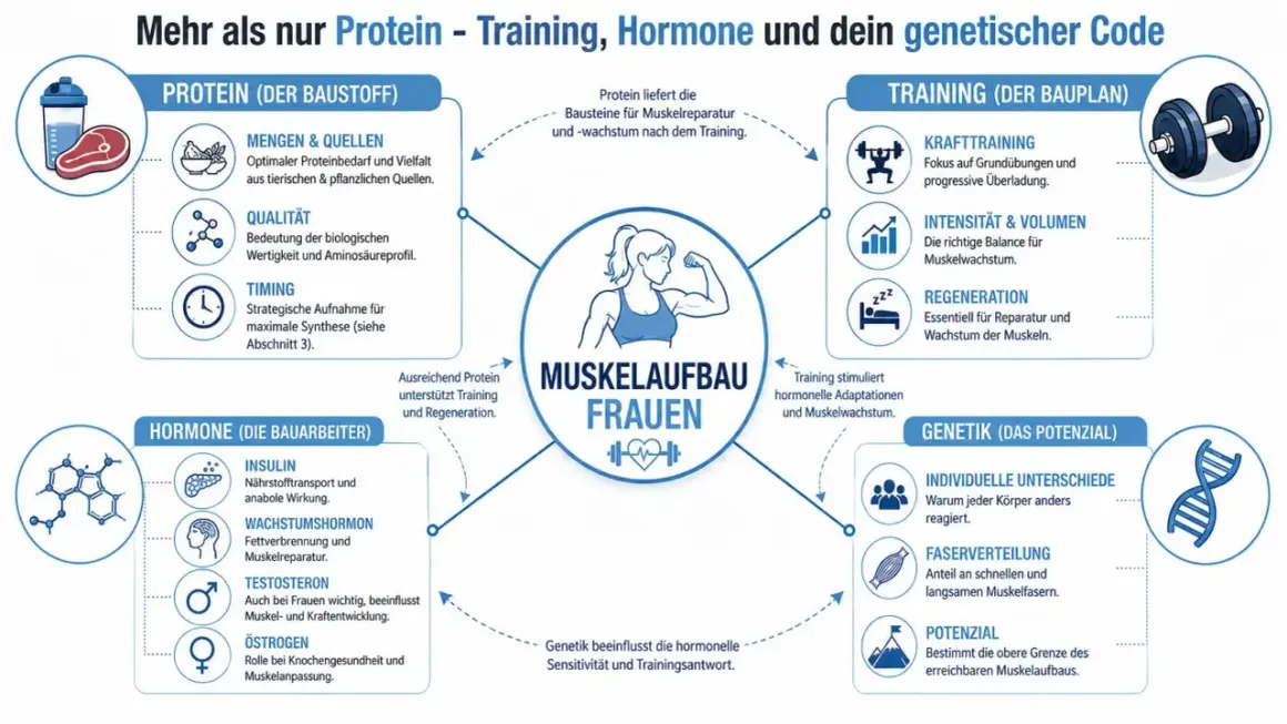 Schema für Trainingsplan Muskelaufbau bei Frauen: Protein, Hormone, Training & Genetik sind entscheidend für den Erfolg.