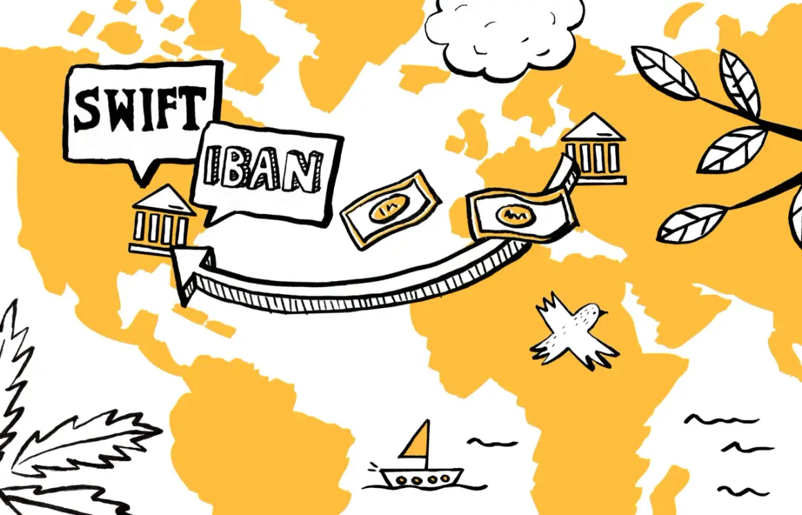SWIFT i IBAN na mapie świata, symbolizujące międzynarodowe przelewy. Pieniądze płyną między bankami, a ptak i żaglówka sugerują globalną podróż.