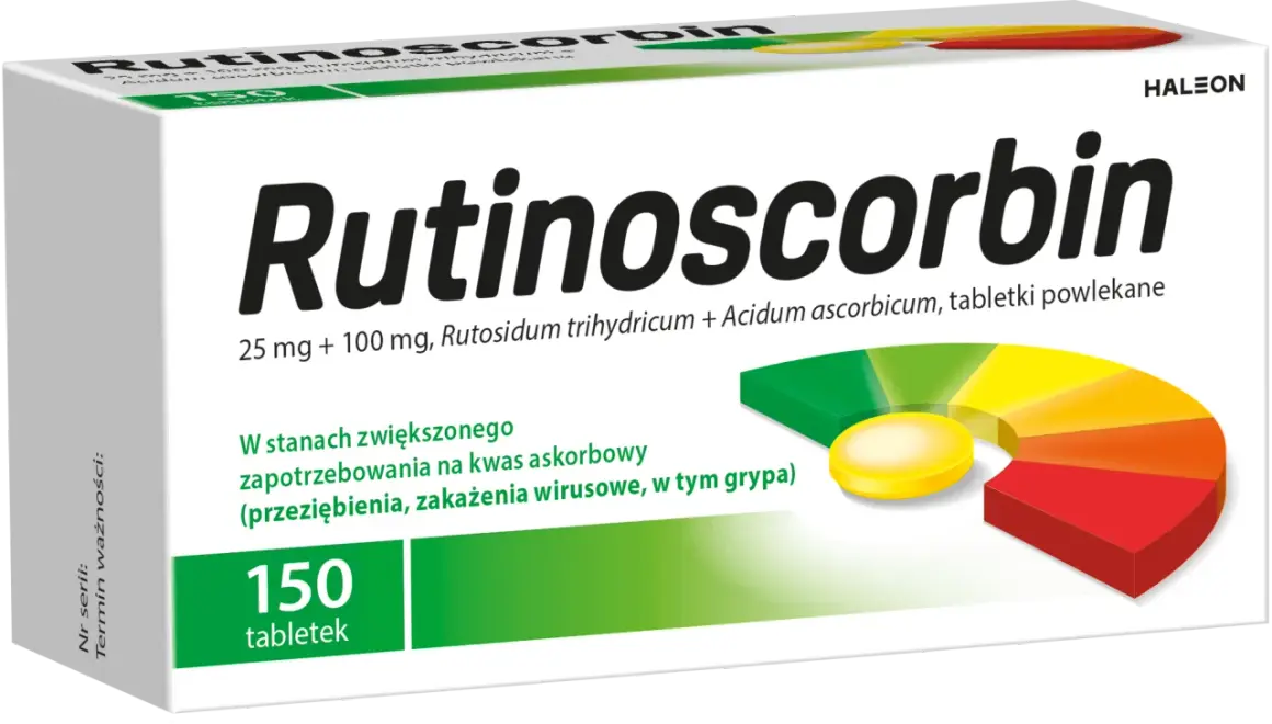 Opakowanie Rutinoscorbinu, 150 tabletek. Pomaga w stanach zwiększonego zapotrzebowania na witaminę C, np. przy przeziębieniu.