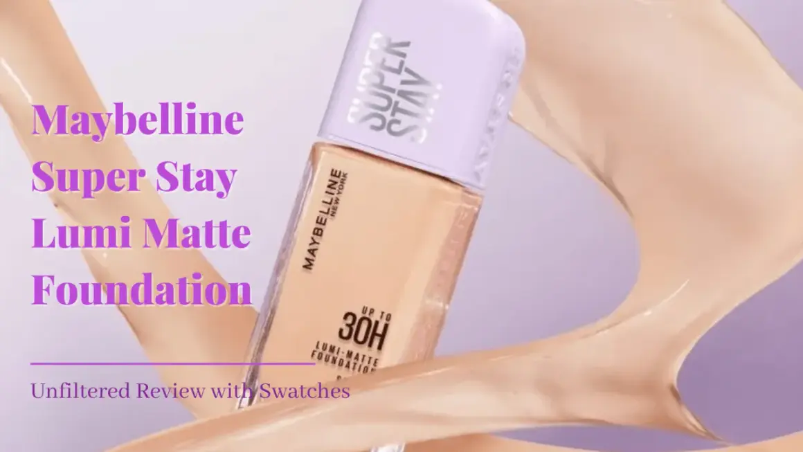 Maybelline Super Stay Lumi Matte Foundation w płynnej, beżowej konsystencji, prezentuje się w otoczeniu kremowych fal.