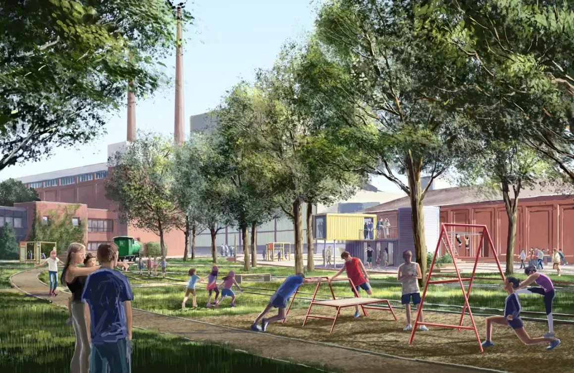 Grüne Oase mit Spielplatz und Sportgeräten auf dem Gelände der ehemaligen Zanders Papierfabrik in Bergisch Gladbach.