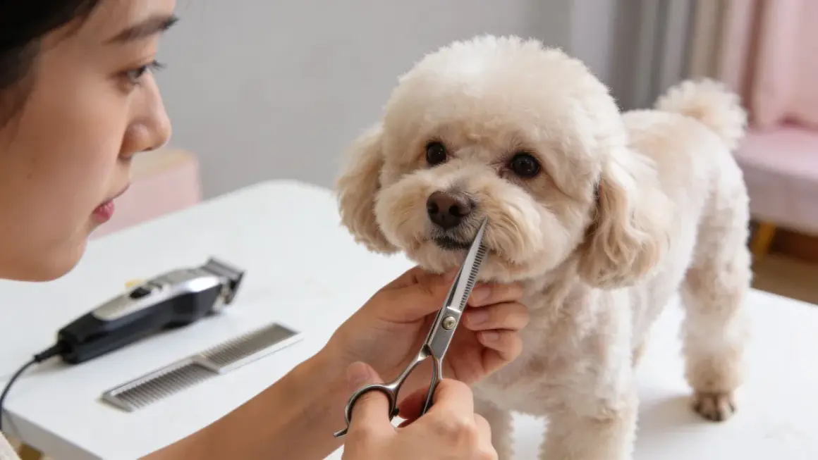 Un caniche recibe un corte de pelo. Una persona usa tijeras para arreglar su cara.