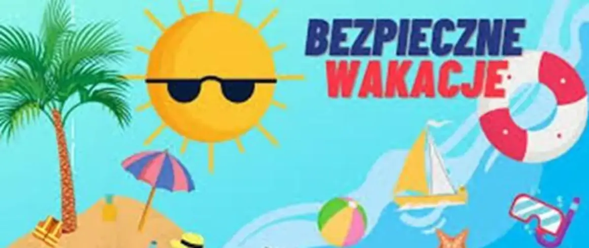 Słońce w okularach, palmy, plaża i koło ratunkowe przypominają o bezpiecznych wakacjach.