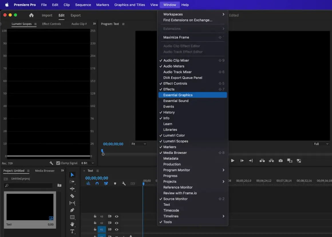 Premiere Pro window showing the "Window" menu open, with "Essential Graphics" highlighted, a key step for how to add text in Premiere Pro.