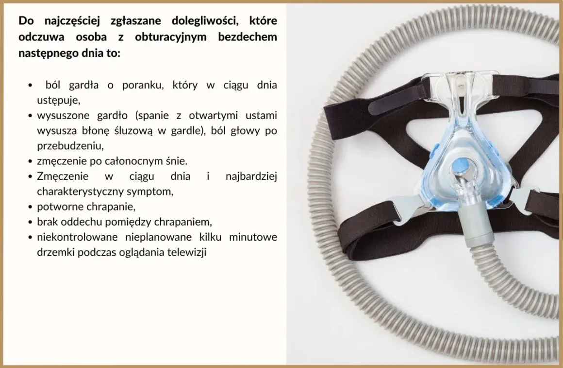 Maska CPAP i lista objawów: ból gardła, suchość w ustach, zmęczenie, chrapanie, bezdech senny.