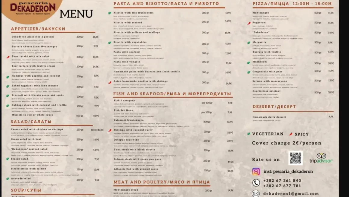 Menu z Czarnogóry: przystawki, makarony, pizza, ryby i owoce morza, mięso i drób, desery. Ceny w euro.