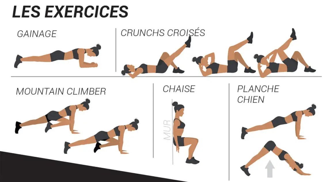 Illustrations d'exercices : gainage, crunchs croisés, mountain climber, chaise, planche chien. Idéal pour un bon crunch abdo.