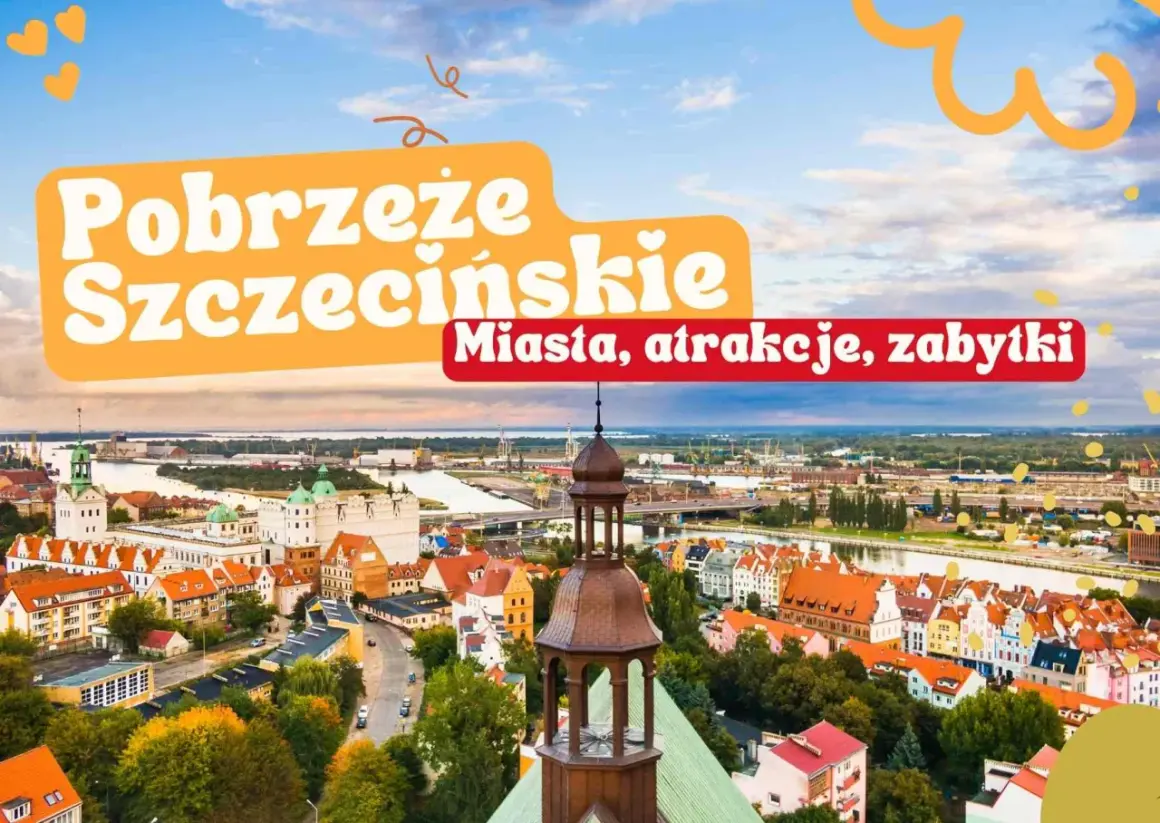 Widok na Szczecin z lotu ptaka, z widocznymi zabytkami, rzeką i portem.