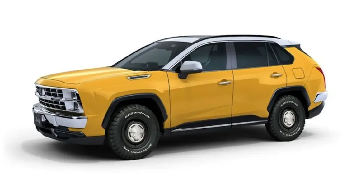 Żółty SUV z chromowanymi elementami i terenowymi oponami. Wygląda jak połączenie nowoczesnego auta z klasycznymi autami buddy.