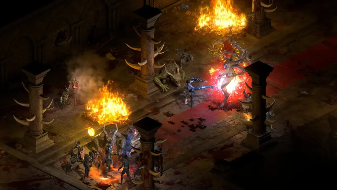 Wojownicy walczą z potworami w płomieniach i mroku, to scena z diablo 2 resurrected patch.