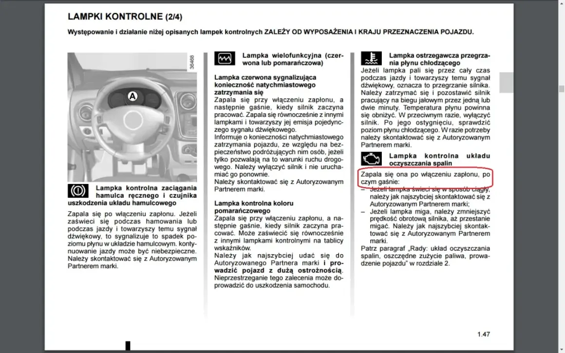 Kontrolki Dacia Dokker: lampka kontrolna układu oczyszczania spalin zapala się po włączeniu zapłonu.