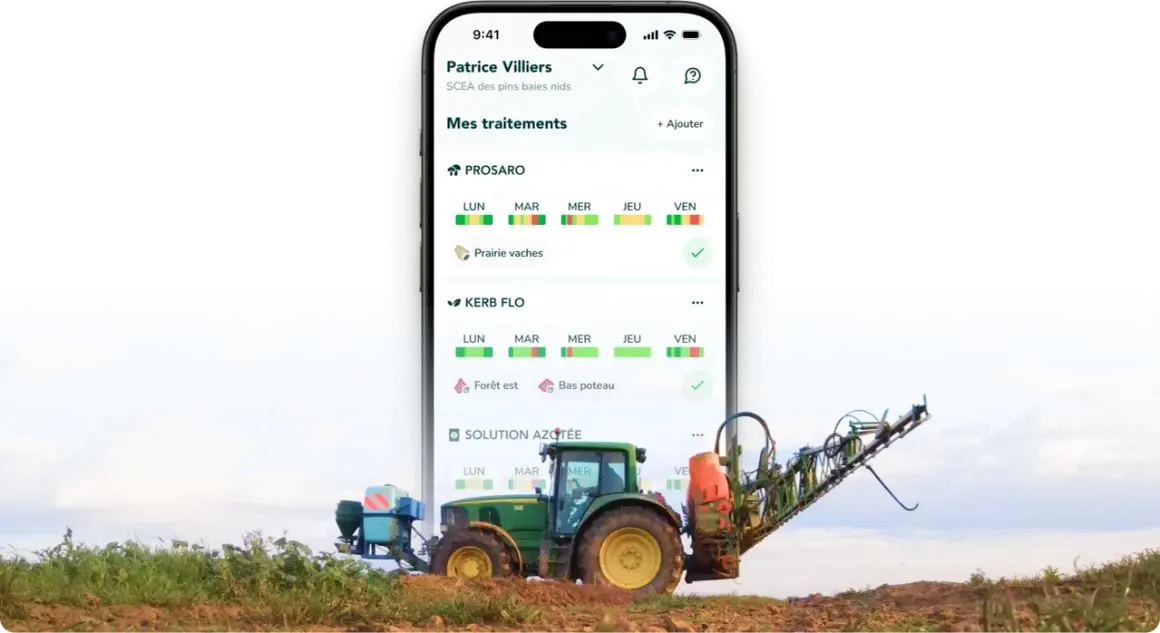 Aplikacja rolnicza na telefonie pokazuje plan zabiegów dla traktora John Deere z opryskiwaczem, np. PROSARO.