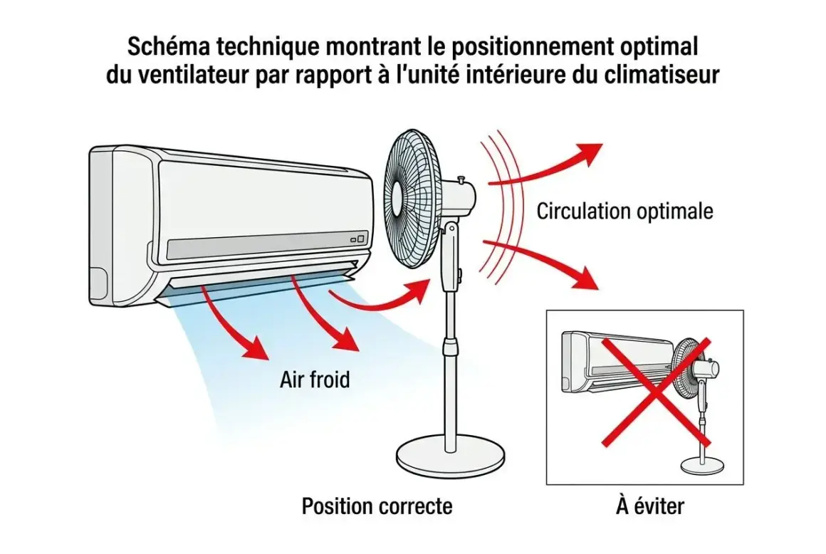 Schéma montrant le positionnement idéal d'un ventilateur pour une circulation d'air froid optimale avec un climatiseur. Évitez de placer le ventilateur directement devant l'unité.