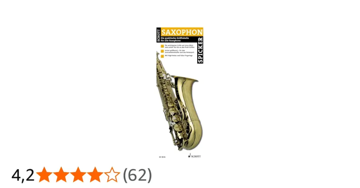 Praktische Grifftabelle für Saxophon mit allen wichtigen Griffen, von Anfänger bis Profi. Ideal für unterwegs.