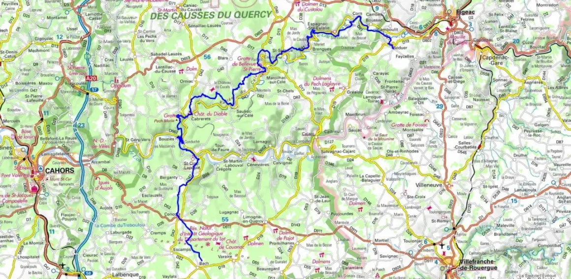 Carte de la vallée du Célé, montrant les routes, villages et sites touristiques comme le Gouffre de Padirac.