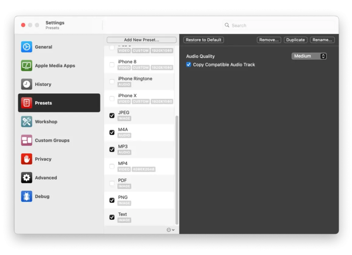 Macintosh settings showing presets, with MP3 audio selected and audio quality set to medium.