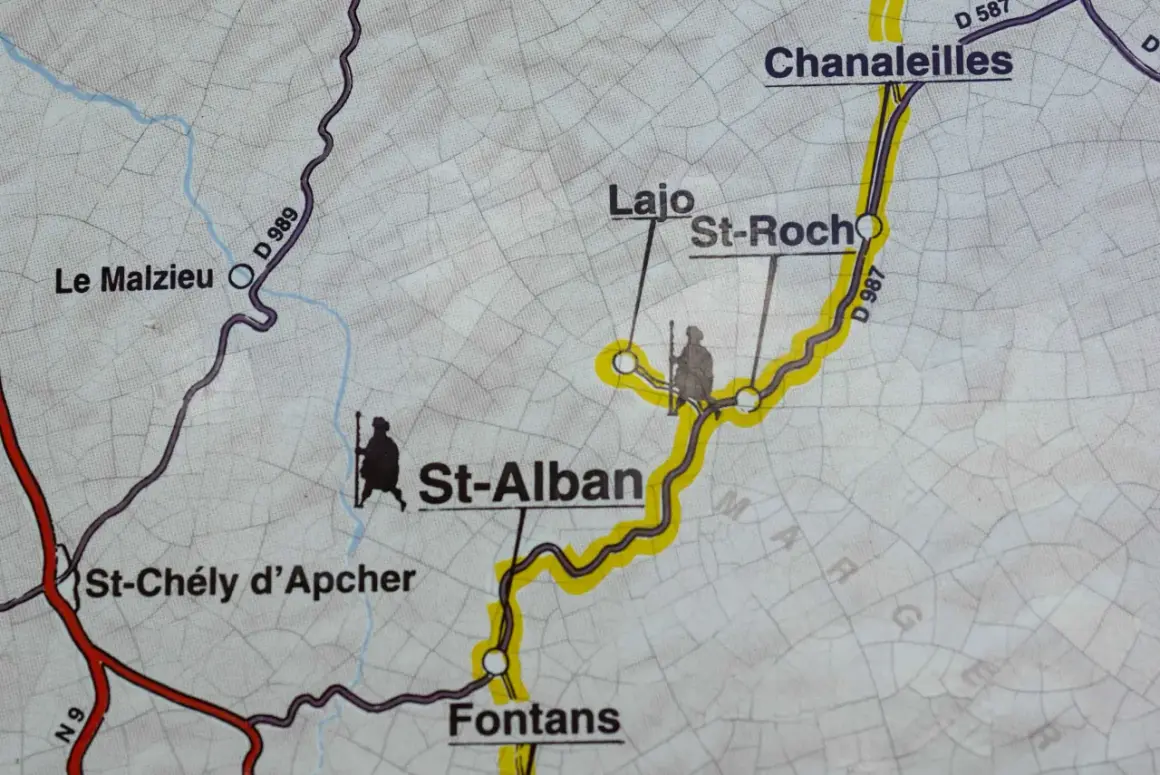 Carte du chemin de saint-jacques de compostelle 5 jours, montrant Le Malzieu, St-Alban, Fontans et Chanaleilles.