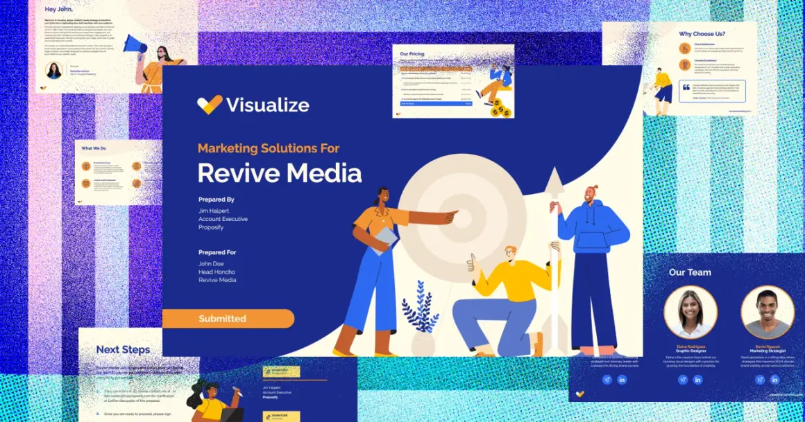 Proposal design ideas for Revive Media, showcasing marketing solutions, pricing, team expertise, and next steps.