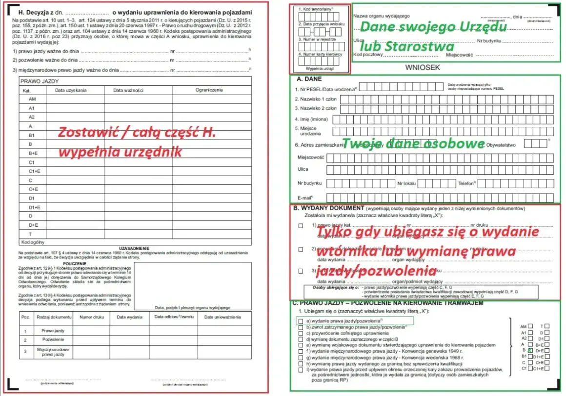 Fragment formularza wniosku o wydanie prawa jazdy z zaznaczonymi polami i odręcznymi notatkami.