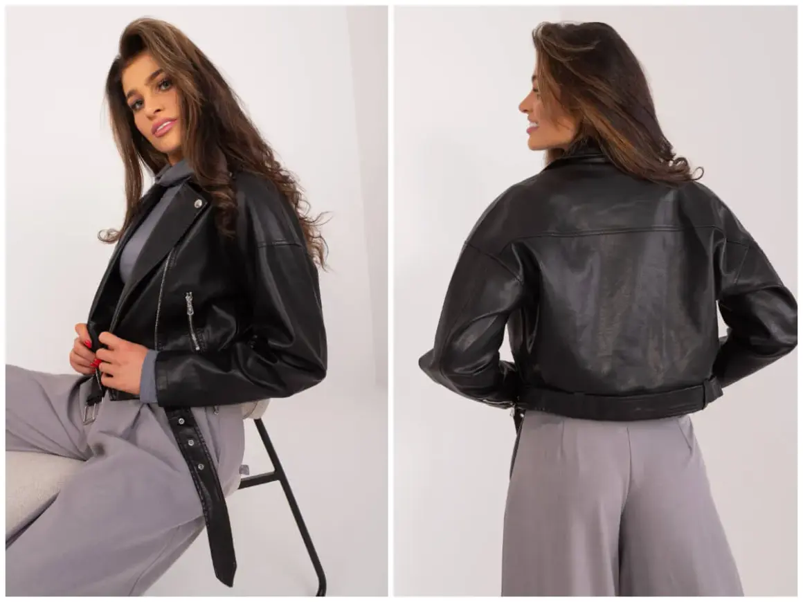 Stylowa ramoneska damska plus size w kolorze czarnym, z przodu i z tyłu. Idealna na co dzień.