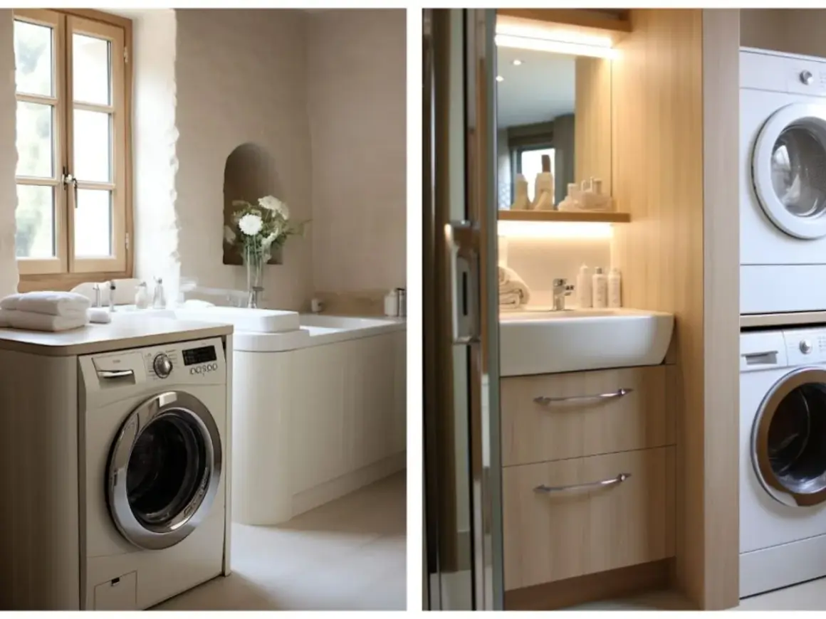 Une machine à laver dans une salle de bain moderne, à côté d'un lavabo et d'une baignoire. Une autre machine à laver est empilée sur une sécheuse.