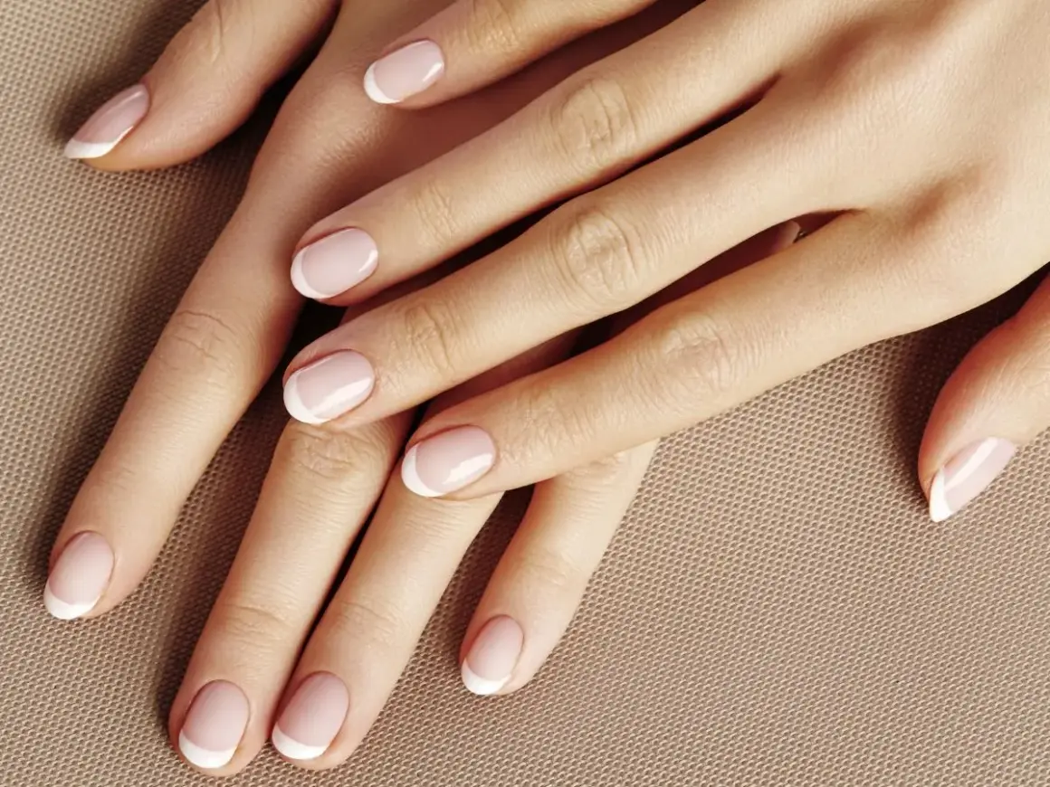 Dłonie z perfekcyjnym manicure french hybryda. Delikatny róż i biel na paznokciach.