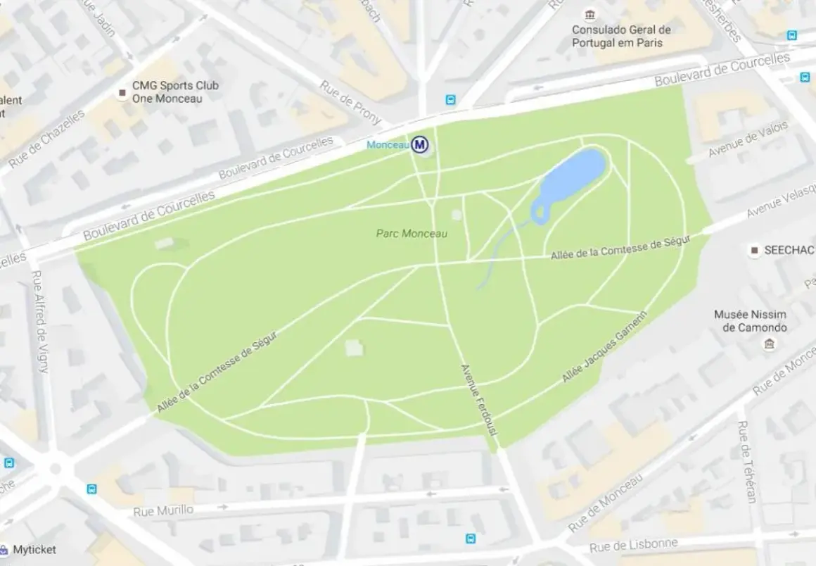 Plan du Parc Monceau à Paris, avec ses allées, son étang et la station de métro Monceau.