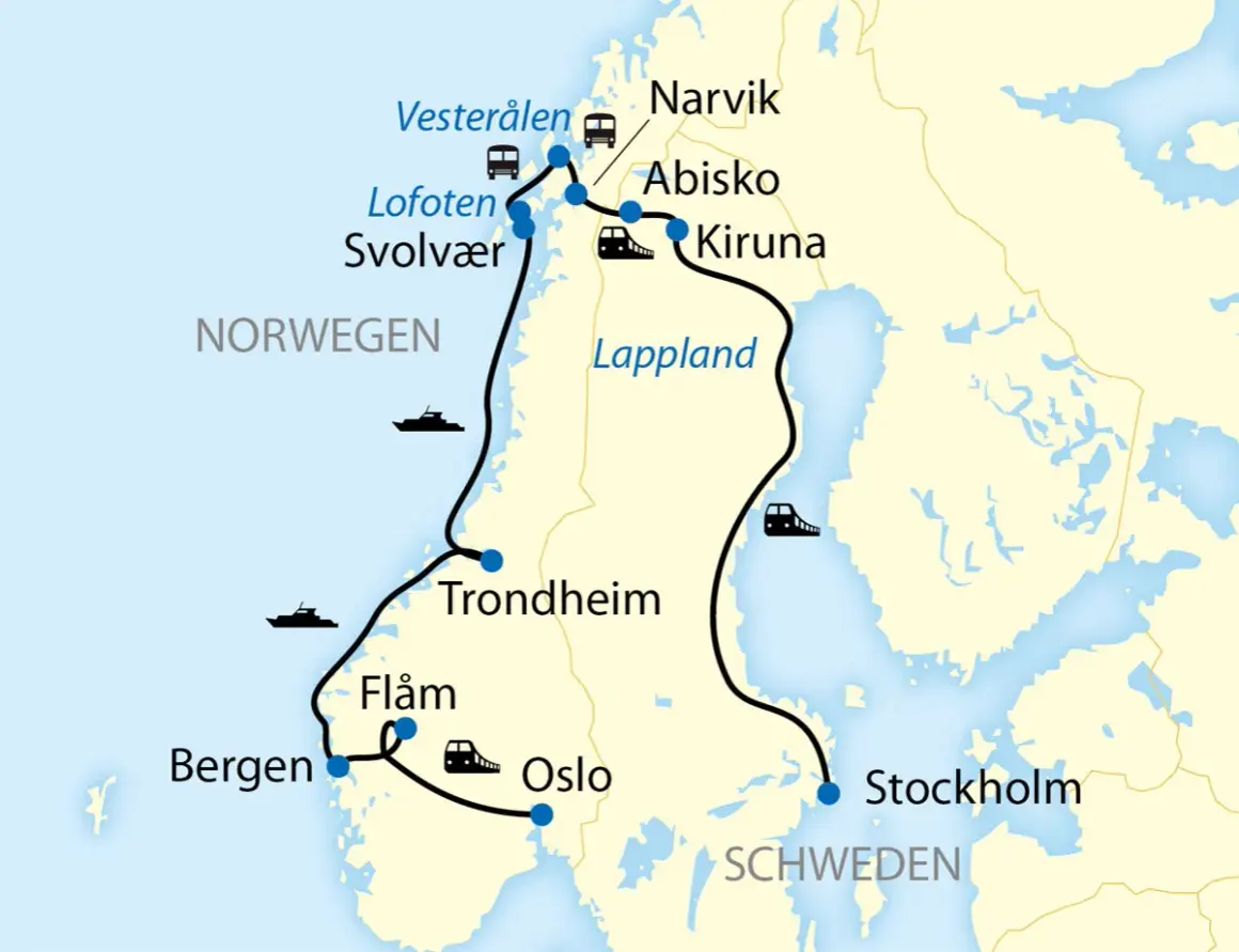 Mapa Norwegii i Szwecji z zaznaczoną trasą podróży przez Laponie, z symbolami pociągów, autobusów i statków.