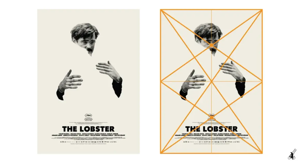 Two examples of movie posters for "The Lobster," one with graphic design guides, featuring Colin Farrell's face and hands.