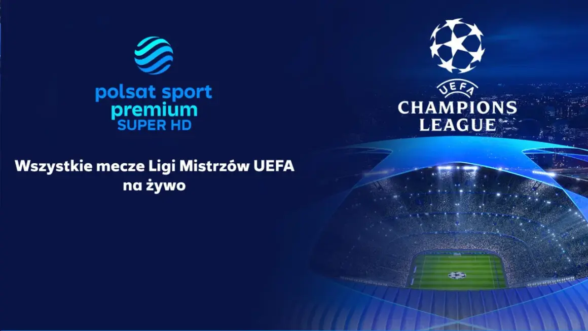 Logo Polsat Sport Premium i UEFA Champions League nad stadionem piłkarskim.