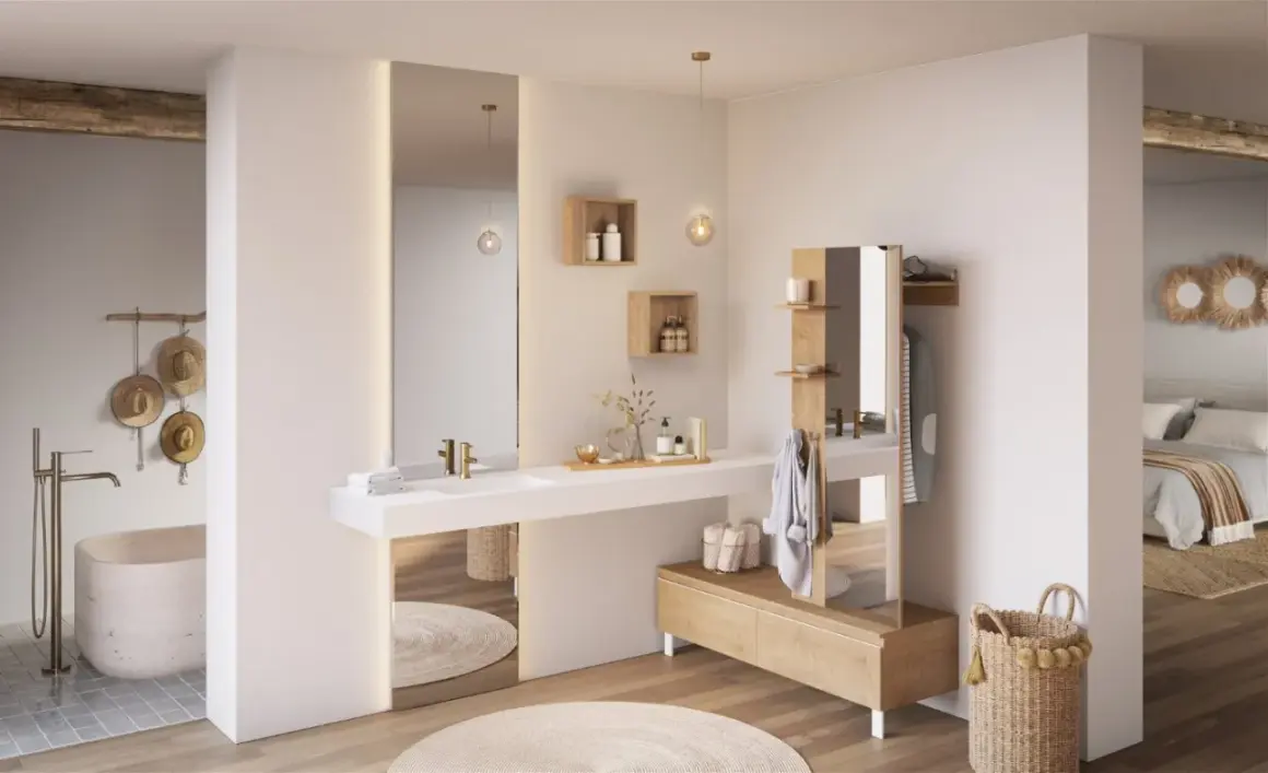 Élégante salle de bain parentale avec baignoire, double vasque, rangements en bois et vue sur la chambre.