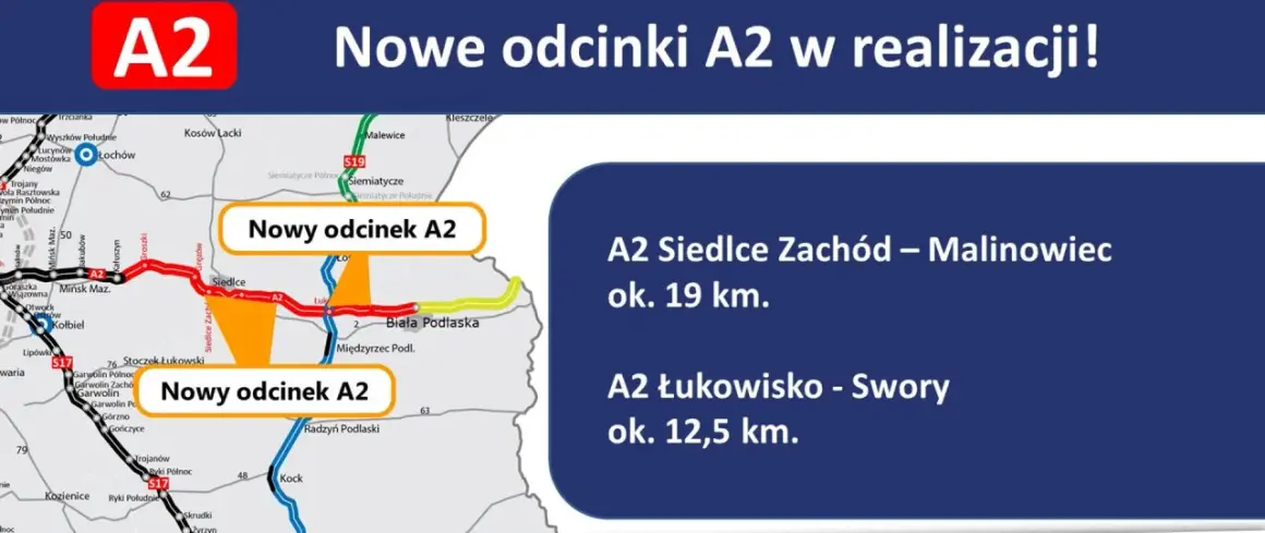 Mapa pokazuje nowe odcinki A2 Siedlce Zachód - Malinowiec i A2 Łukowisko - Swory, ułatwiające podróż między Siedlcami a Białą Podlaską.